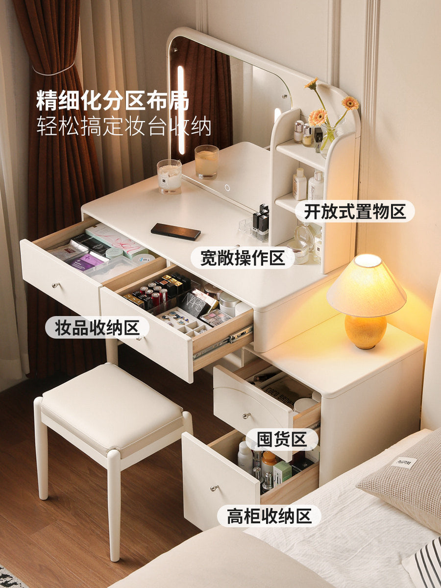 Solid wood French cream-style retractable vanity table, white multi-functional dresser and makeup desk